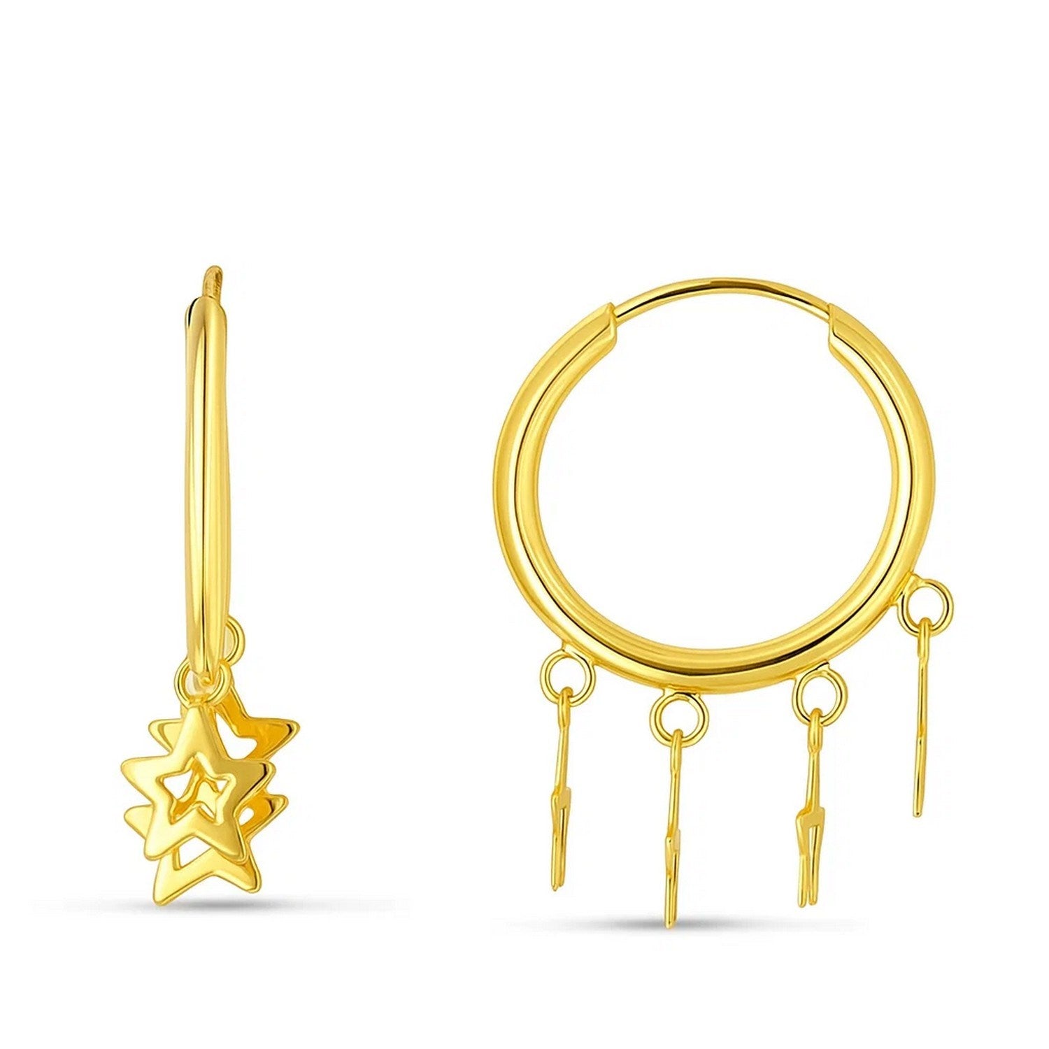 14K Yellow Gold Endless Star Charm Huggie Hoop Earrings in a sleek high-contrast midnight luxury editorial style